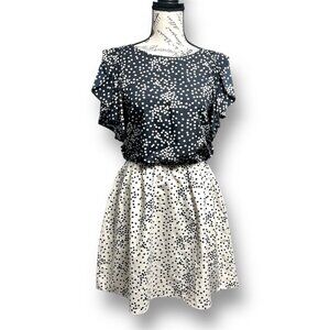 Armani Exchange S Black Beige Dress Ruffle Sleeves Polka Dot Elastic Waist Party